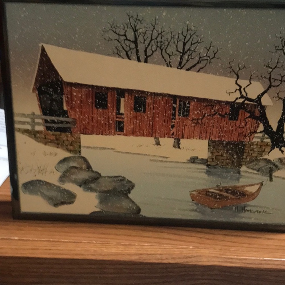 Signed Hargrove winter barn painting.